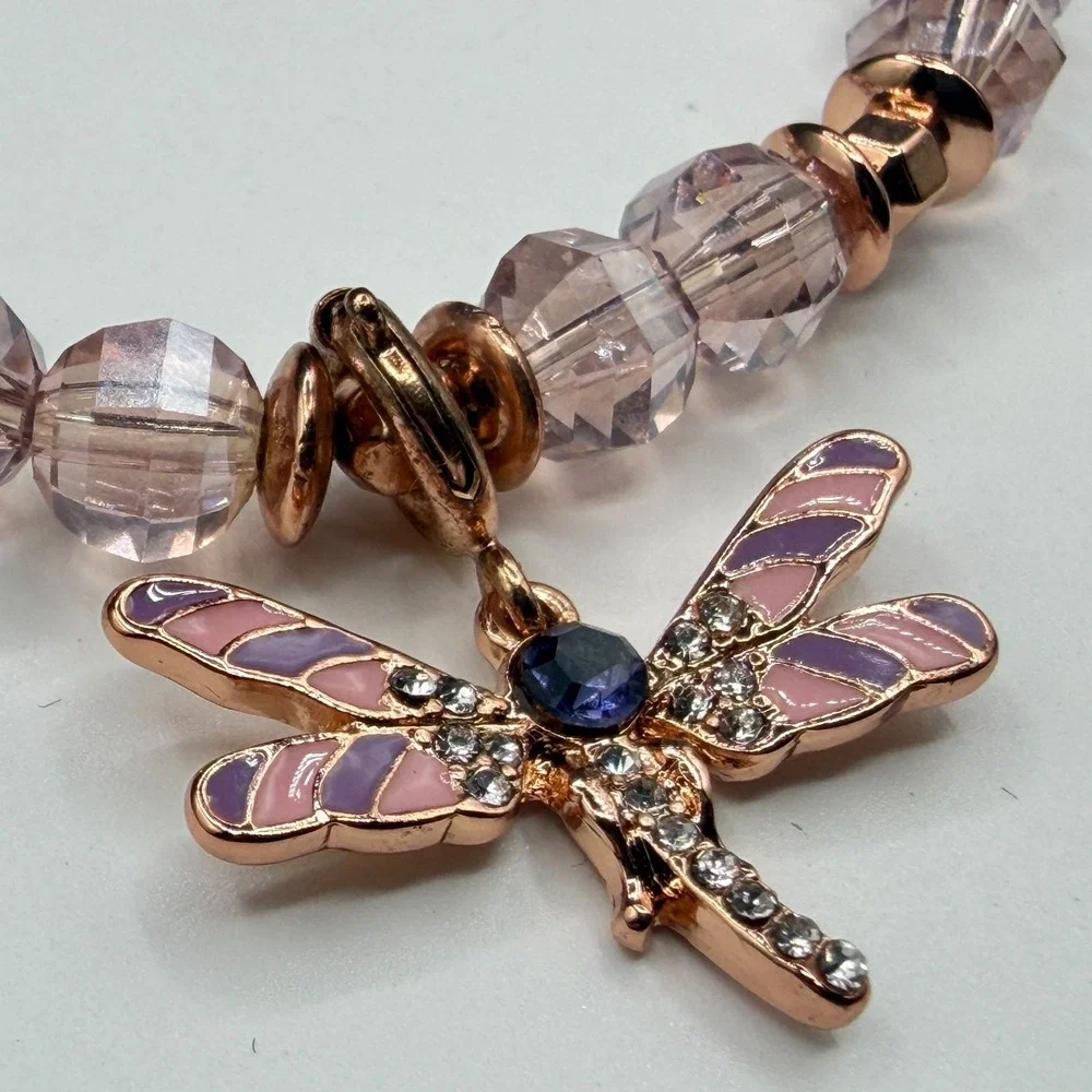 Rose Gold Tone Dragonfly Charm Beaded Stretch Bracelet Pink Crystal Boho Gift